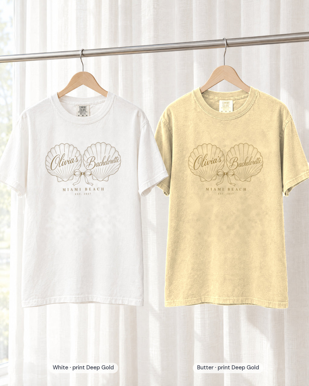 White bride shirt printed in Deep Gold next to a Butter crew shirt printed in deep gold, Seashell Bachelorette tees