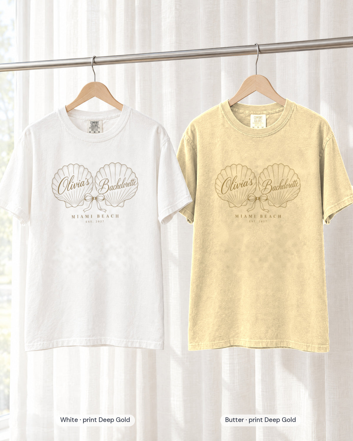 White bride shirt printed in Deep Gold next to a Butter crew shirt printed in deep gold, Seashell Bachelorette tees
