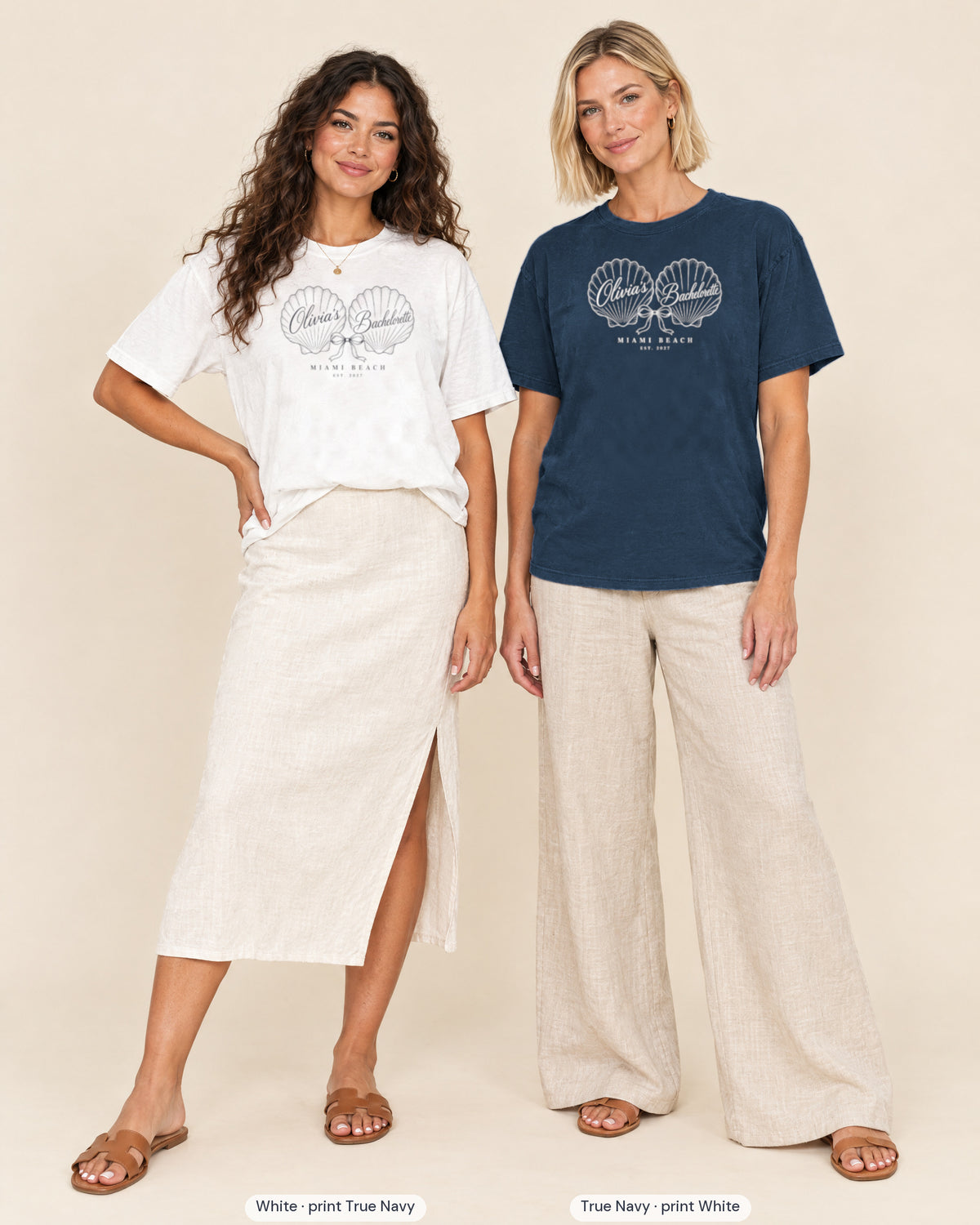 White bride shirt printed in True Navy next to a True Navy crew shirt printed in white, Seashell Bachelorette tees