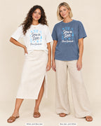 White bride shirt printed in Blue Jean next to a Blue Jean crew shirt printed in white, Snow In Love tees