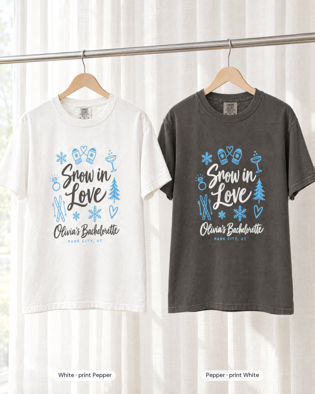 White bride shirt printed in Pepper next to a Pepper crew shirt printed in white, Snow In Love tees