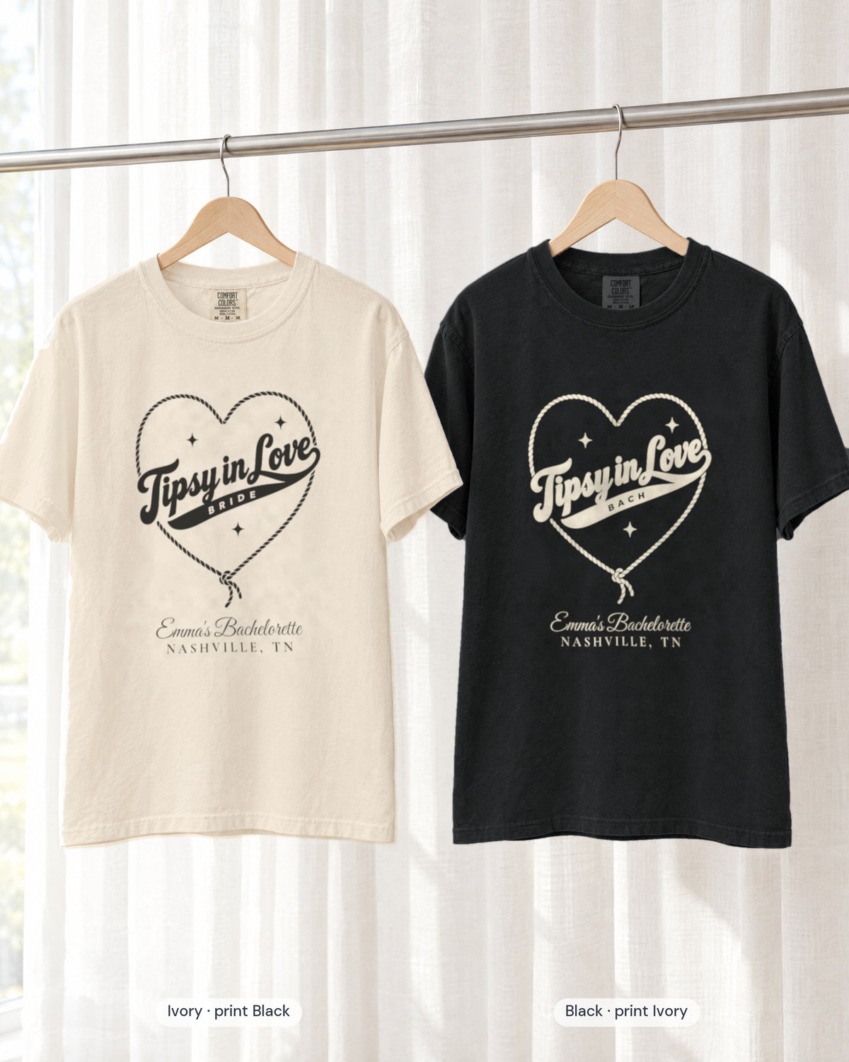 Ivory bride shirt printed in Black next to a Black crew shirt printed in ivory, Tipsy In Love tees