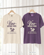 Ivory bride shirt printed in Grape next to a Grape crew shirt printed in ivory, Vino Before Vows tees