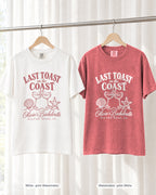 White bride shirt printed in Watermelon next to a Watermelon crew shirt printed in white, on hangers