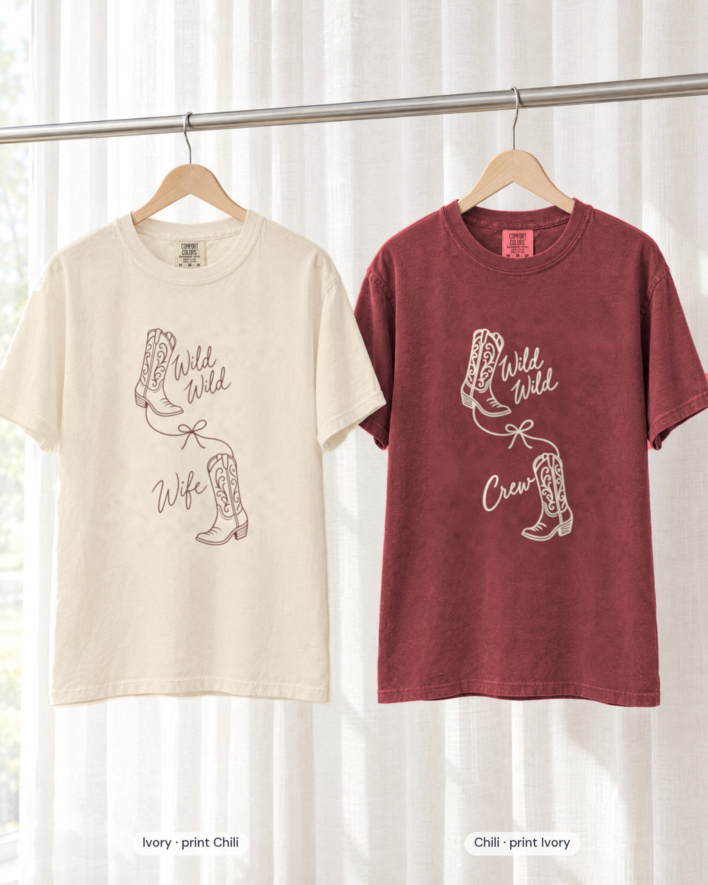 Ivory bride shirt printed in Chili next to a Chili crew shirt printed in ivory, Wild Wild Wife & Wild Wild Crew tees