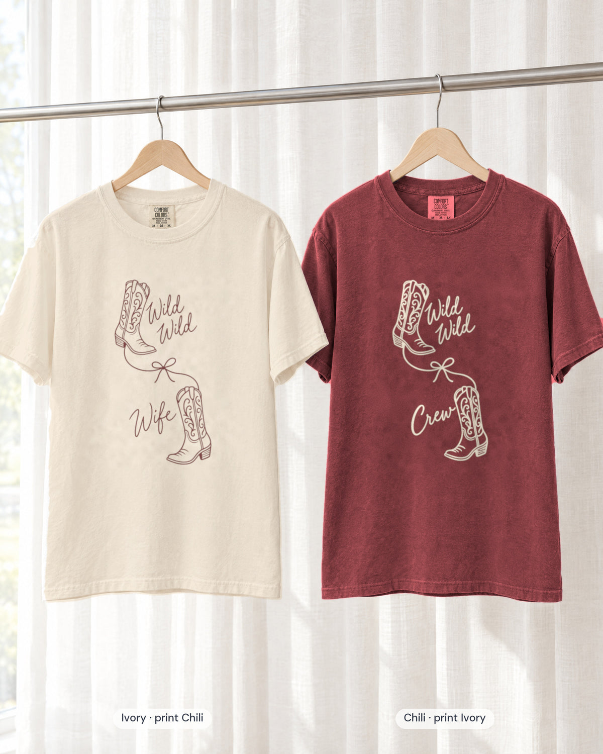 Ivory bride shirt printed in Chili next to a Chili crew shirt printed in ivory, Wild Wild Wife & Wild Wild Crew tees