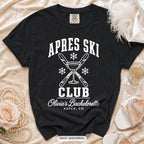 Black Apres Ski Club bachelorette crew t-shirt, print in white