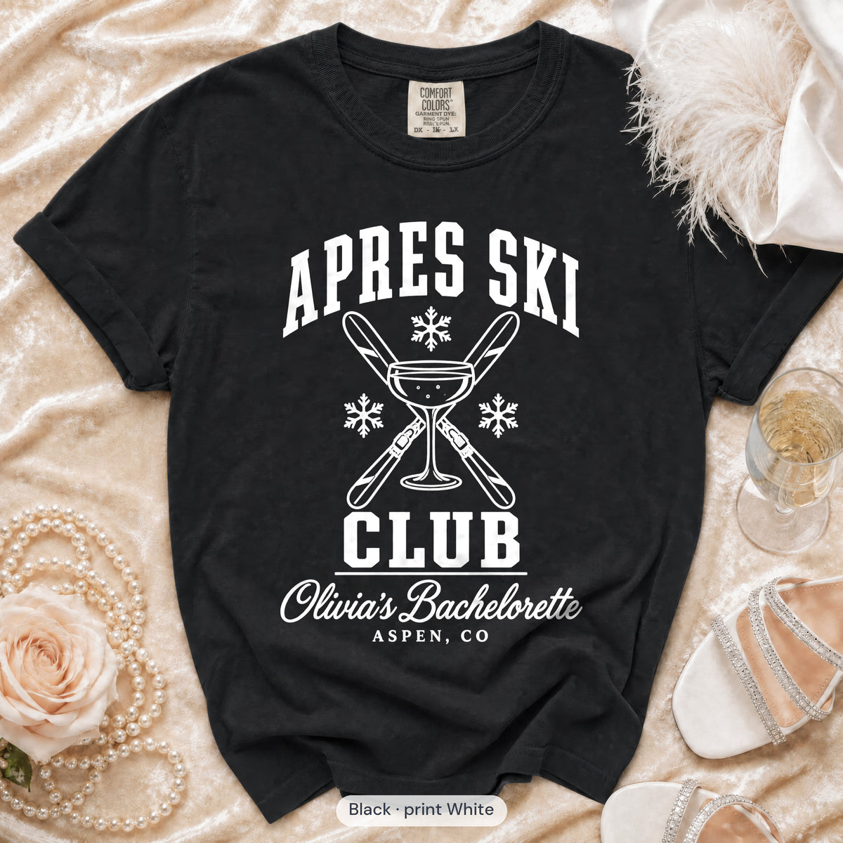 Black Apres Ski Club bachelorette crew t-shirt, print in white