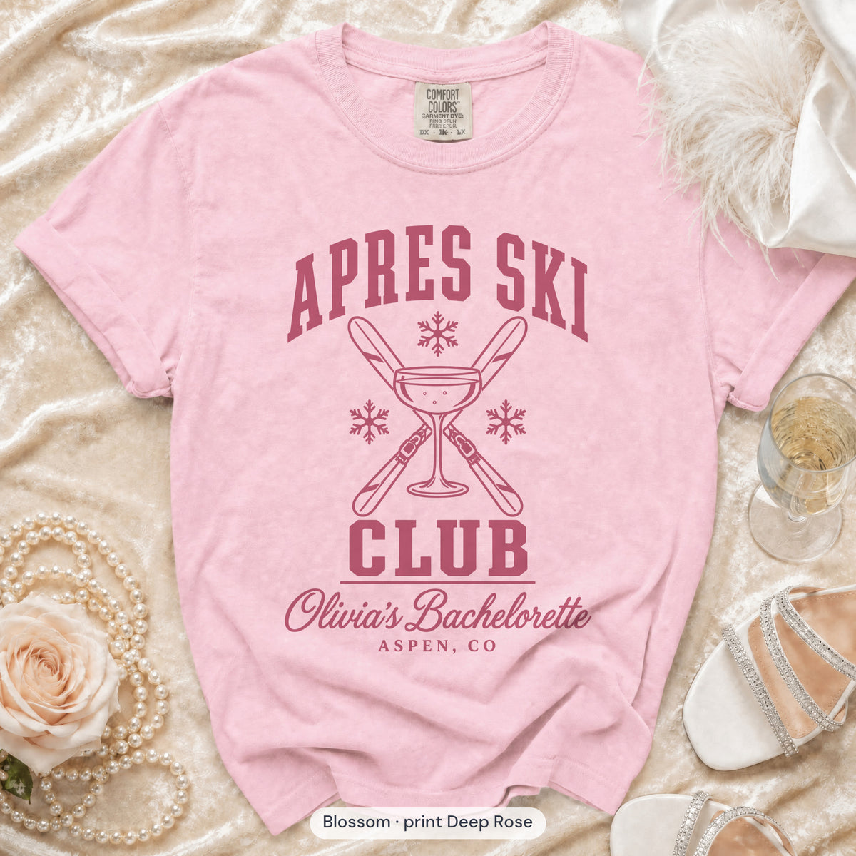 Blossom Apres Ski Club bachelorette crew t-shirt, print in deep rose