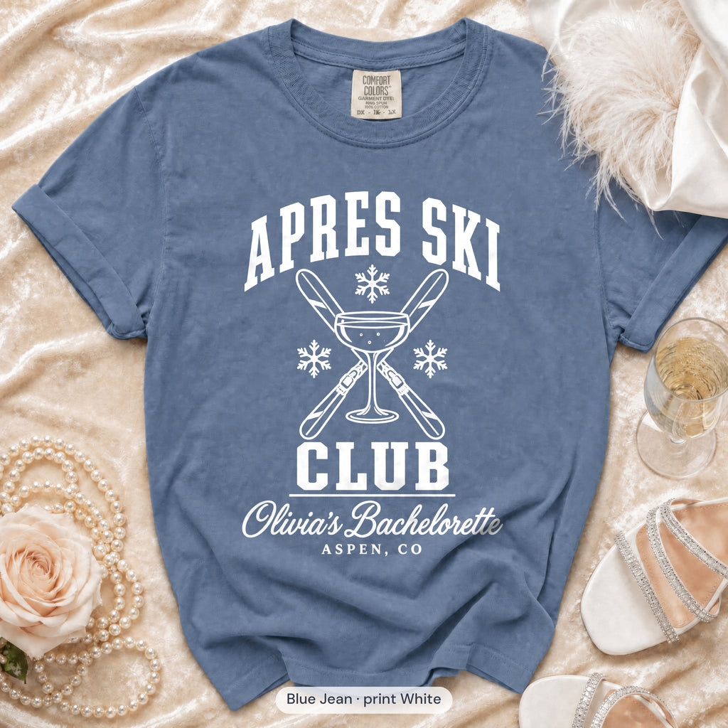 Blue Jean Apres Ski Club bachelorette crew t-shirt, print in white