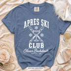 Blue Jean Apres Ski Club bachelorette crew t-shirt, print in white