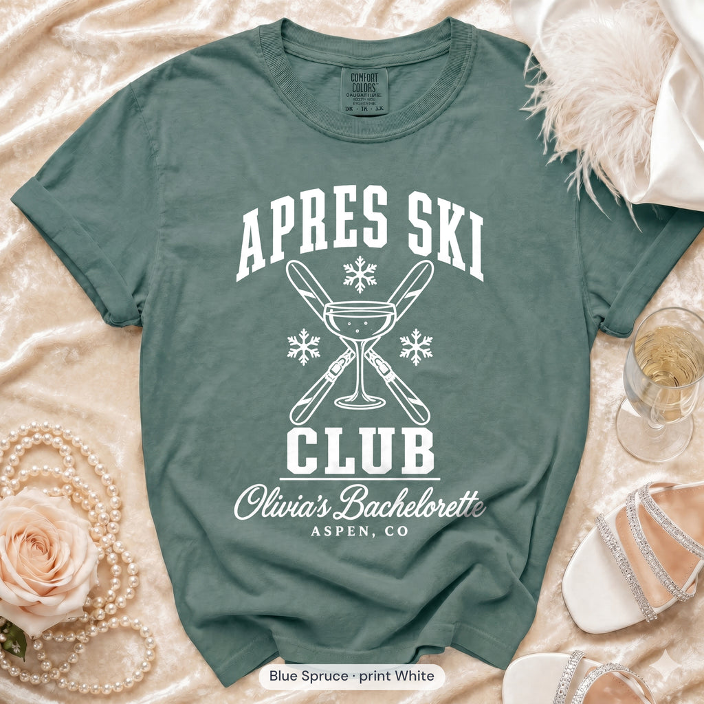 Blue Spruce Apres Ski Club bachelorette crew t-shirt, print in white