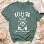 Blue Spruce Apres Ski Club bachelorette crew t-shirt, print in white
