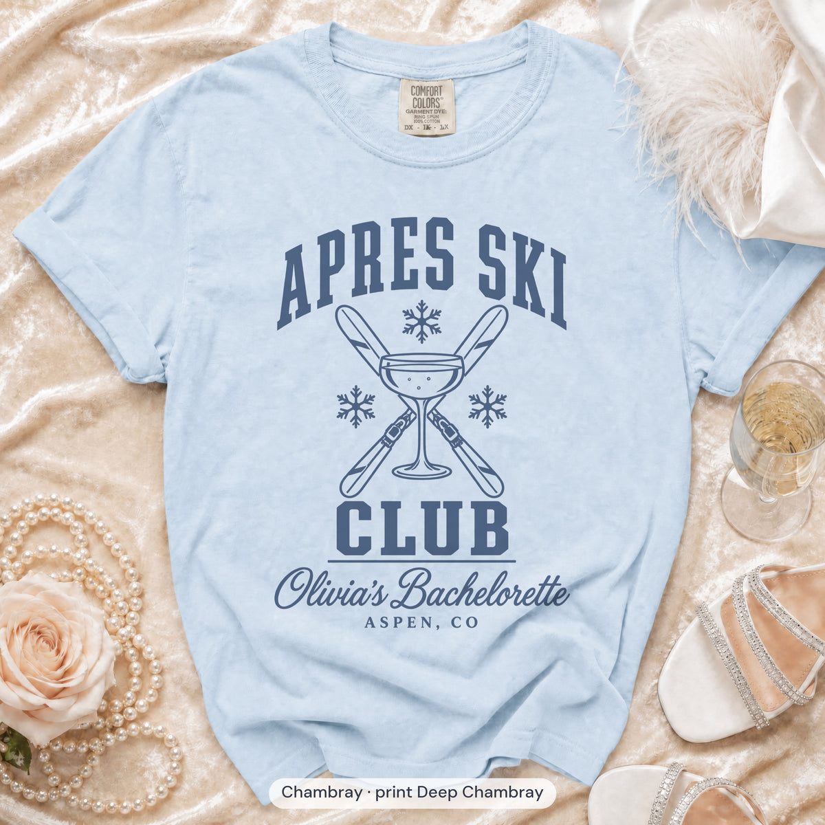 Chambray Apres Ski Club bachelorette crew t-shirt, print in deep chambray