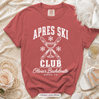 Crimson Apres Ski Club bachelorette crew t-shirt, print in white
