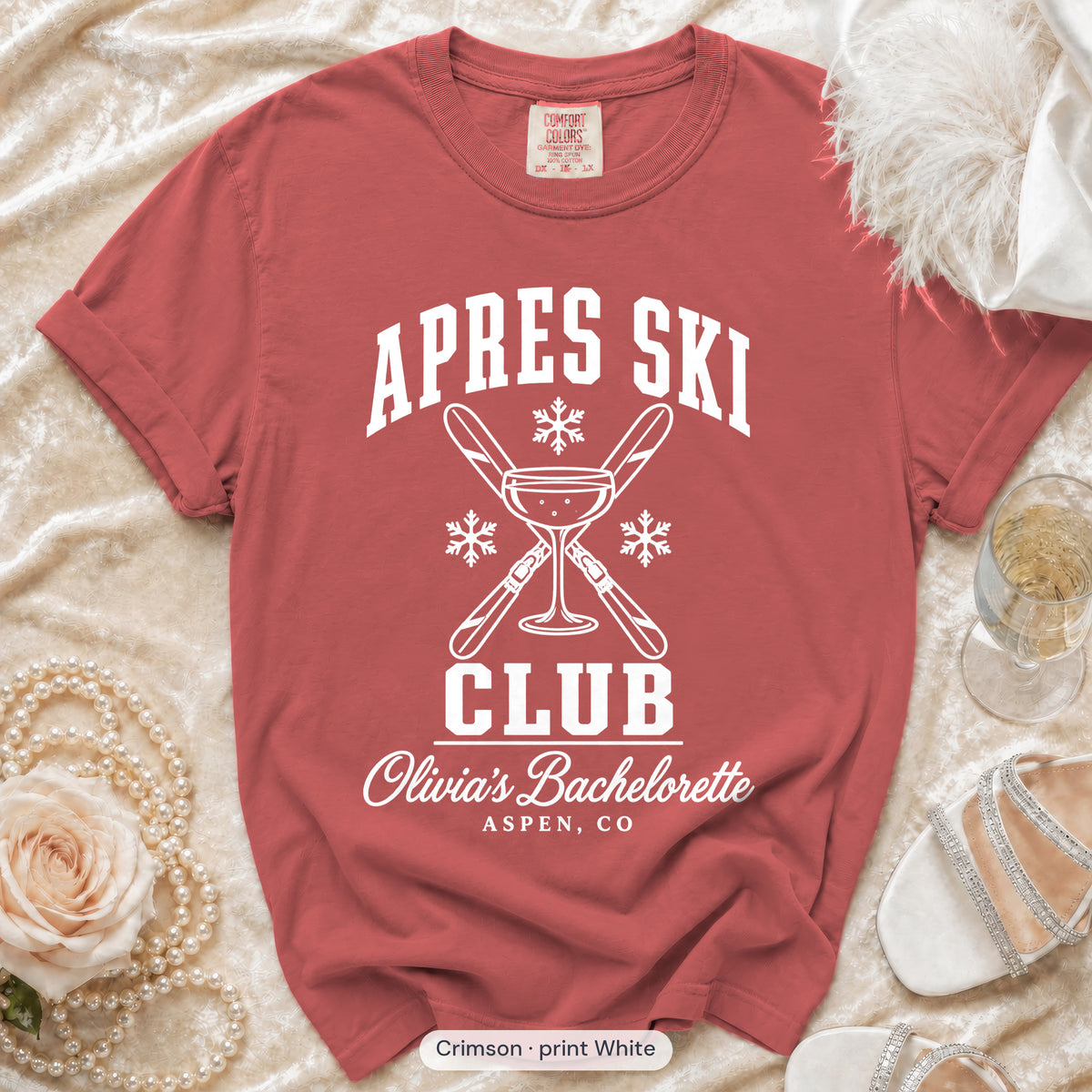 Crimson Apres Ski Club bachelorette crew t-shirt, print in white