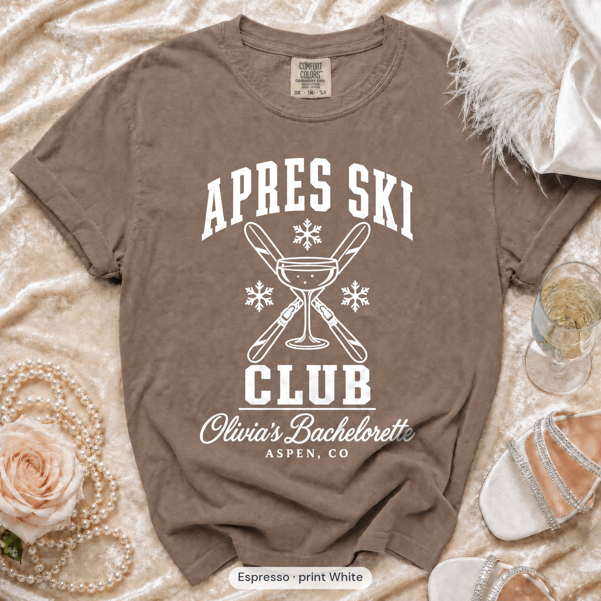 Espresso Apres Ski Club bachelorette crew t-shirt, print in white