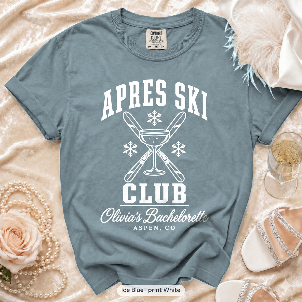 Ice Blue Apres Ski Club bachelorette crew t-shirt, print in white