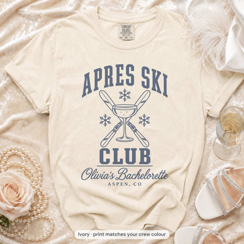 Ivory Apres Ski Club bride t-shirt, print matches your crew colour