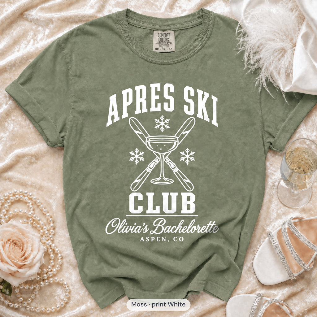 Moss Apres Ski Club bachelorette crew t-shirt, print in white