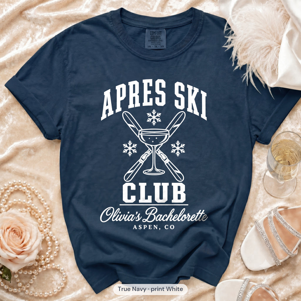 True Navy Apres Ski Club bachelorette crew t-shirt, print in white