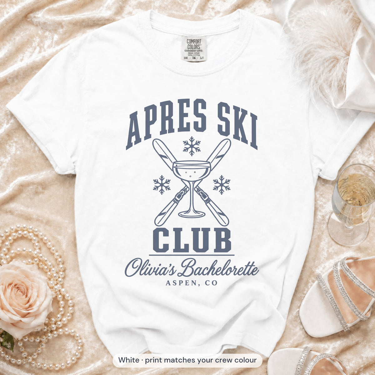White Apres Ski Club bride t-shirt, print matches your crew colour