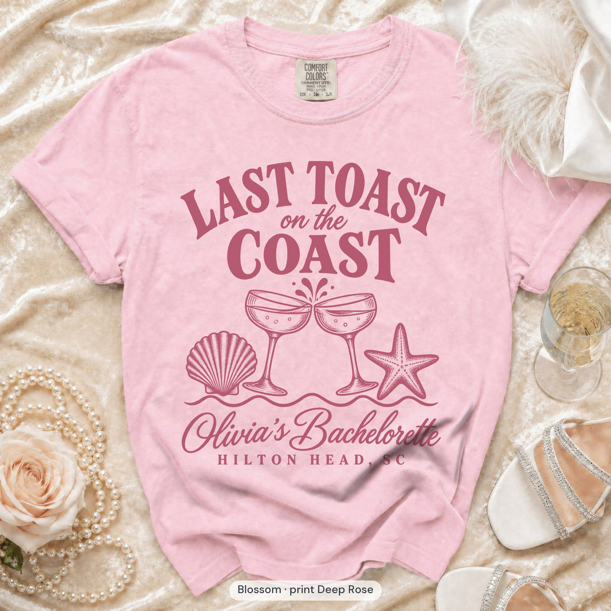 Blossom Last Toast on the Coast bachelorette t-shirt, print in deep rose