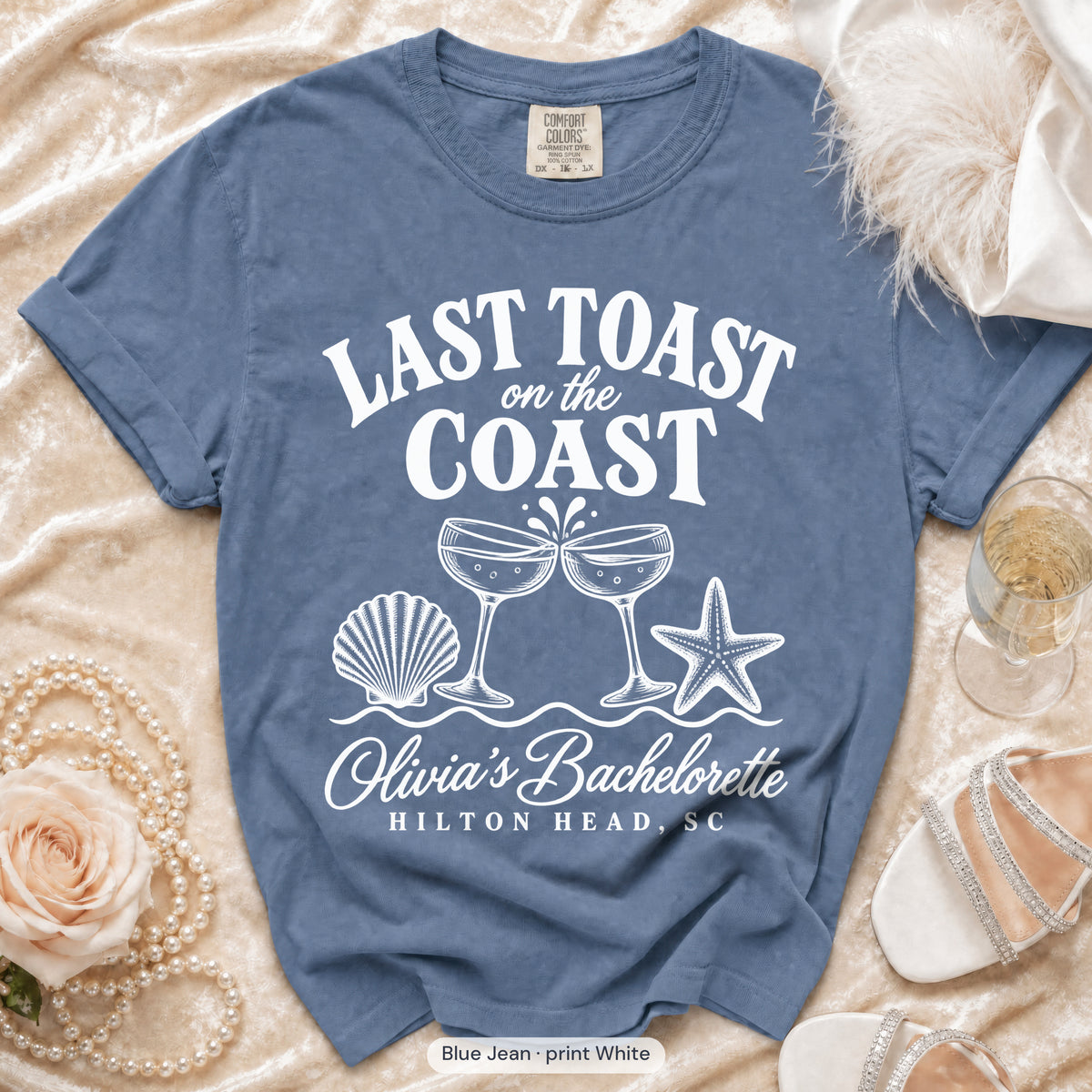Blue Jean Last Toast on the Coast bachelorette t-shirt, print in white
