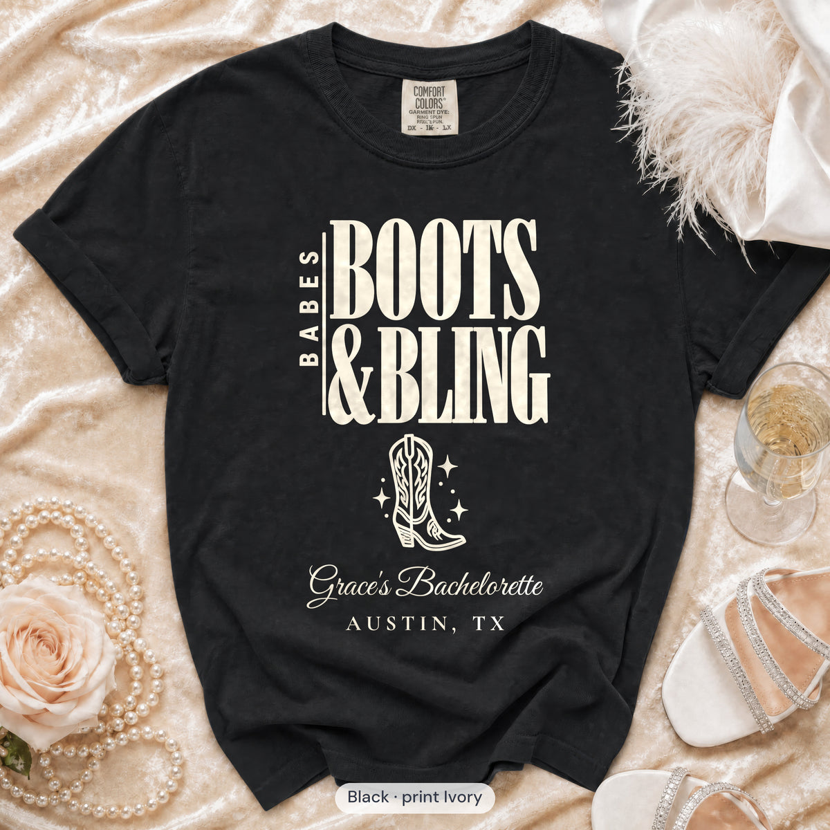Black Boots & Bling bachelorette crew t-shirt, print in ivory