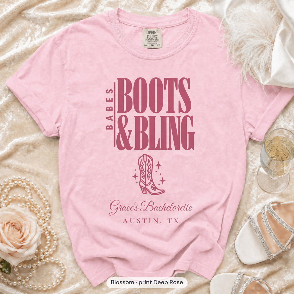 Blossom Boots & Bling bachelorette crew t-shirt, print in deep rose