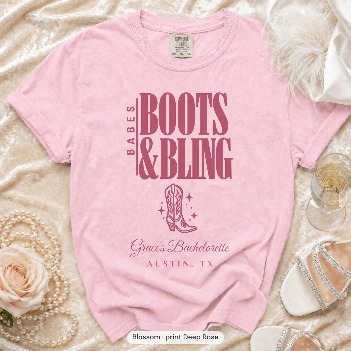 Blossom Boots & Bling bachelorette crew t-shirt, print in deep rose