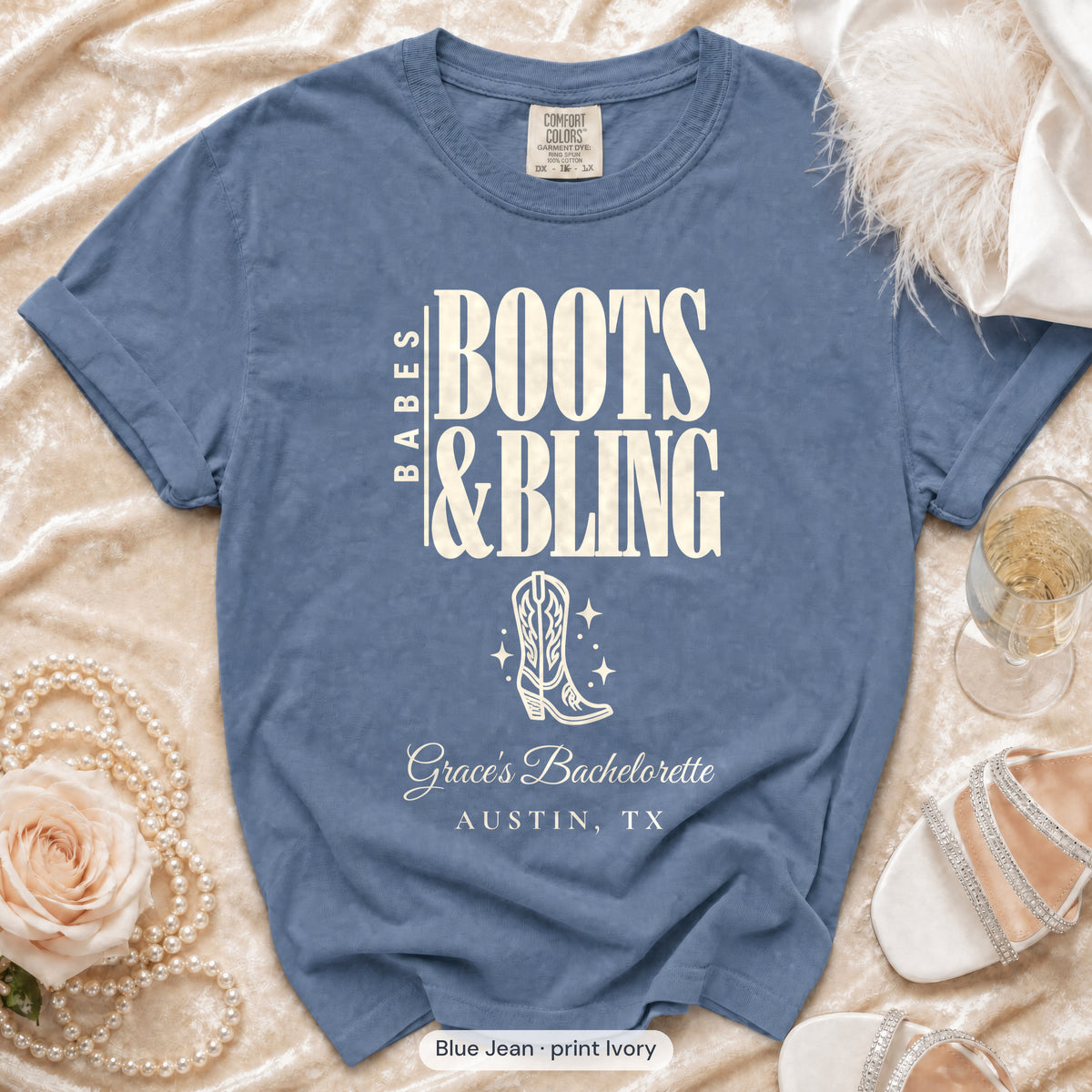 Blue Jean Boots & Bling bachelorette crew t-shirt, print in ivory