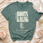 Blue Spruce Boots & Bling bachelorette crew t-shirt, print in ivory