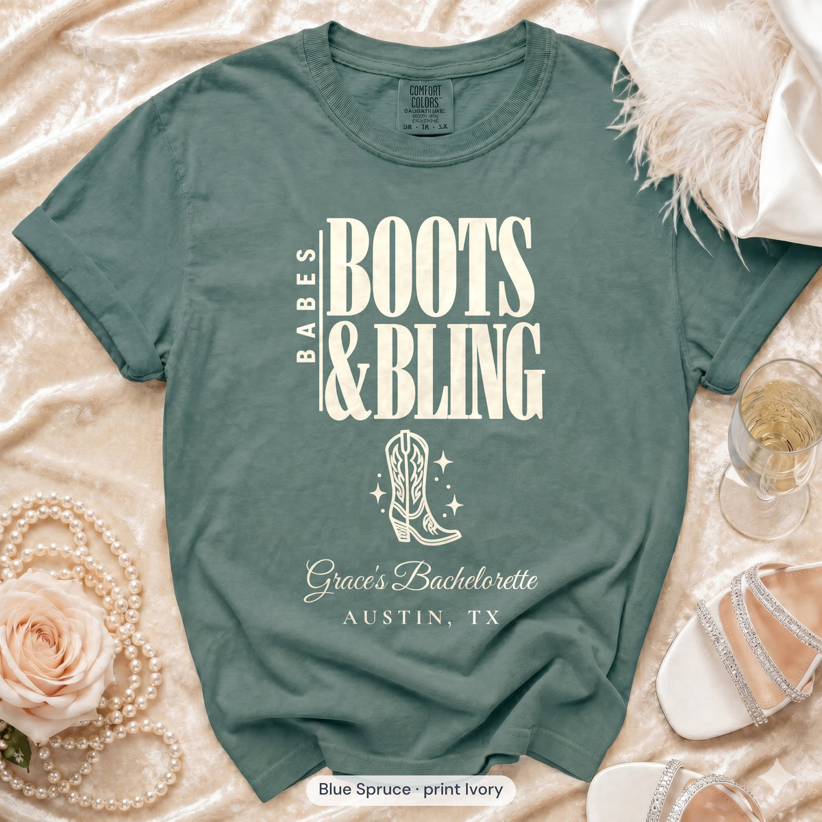 Blue Spruce Boots & Bling bachelorette crew t-shirt, print in ivory