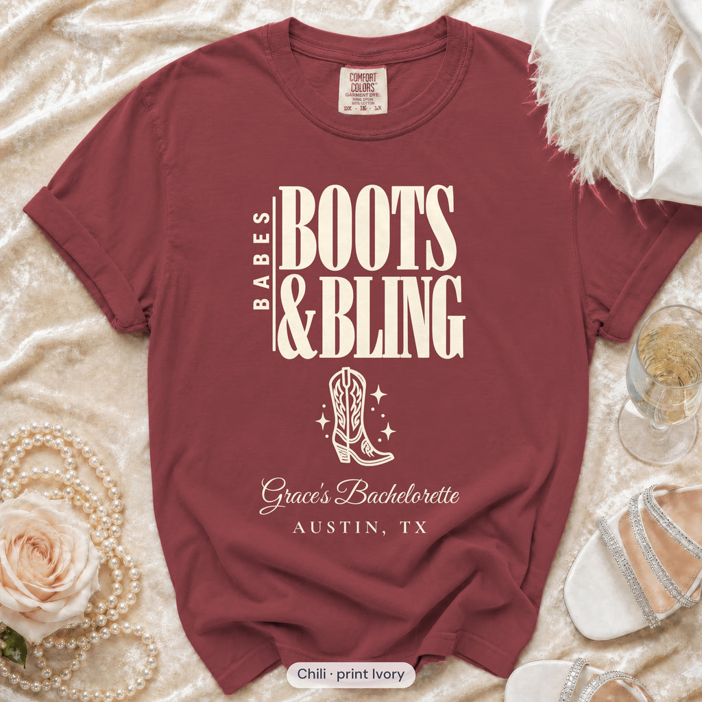 Chili Boots & Bling bachelorette crew t-shirt, print in ivory