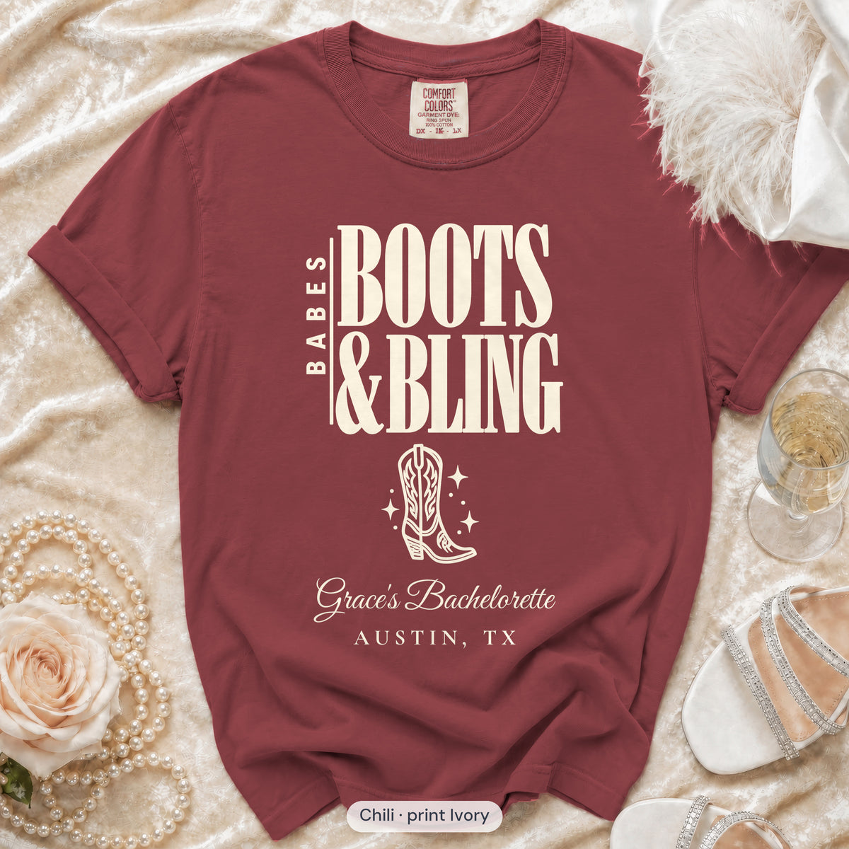 Chili Boots & Bling bachelorette crew t-shirt, print in ivory