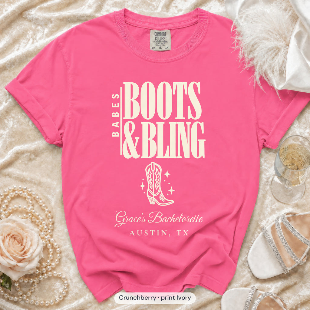 Crunchberry Boots & Bling bachelorette crew t-shirt, print in ivory