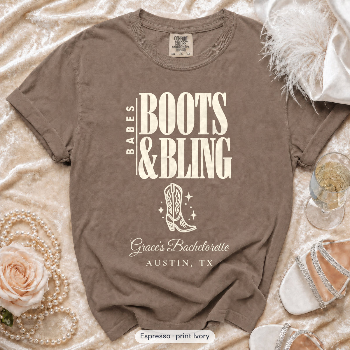 Espresso Boots & Bling bachelorette crew t-shirt, print in ivory