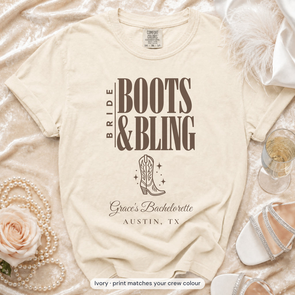 Ivory Boots & Bling bride t-shirt, print matches your crew colour