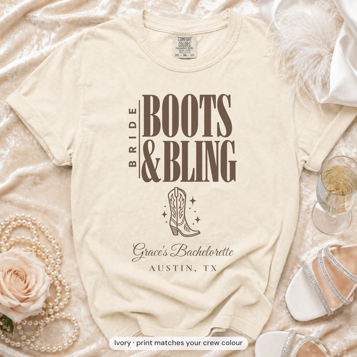 Ivory Boots & Bling bride t-shirt, print matches your crew colour