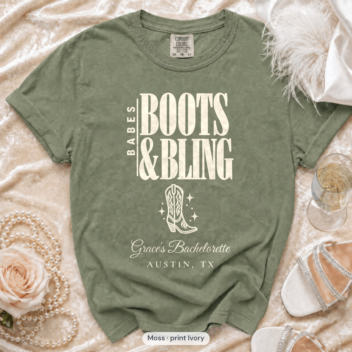 Moss Boots & Bling bachelorette crew t-shirt, print in ivory