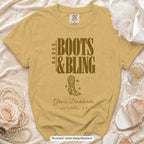 Mustard Boots & Bling bachelorette crew t-shirt, print in deep mustard