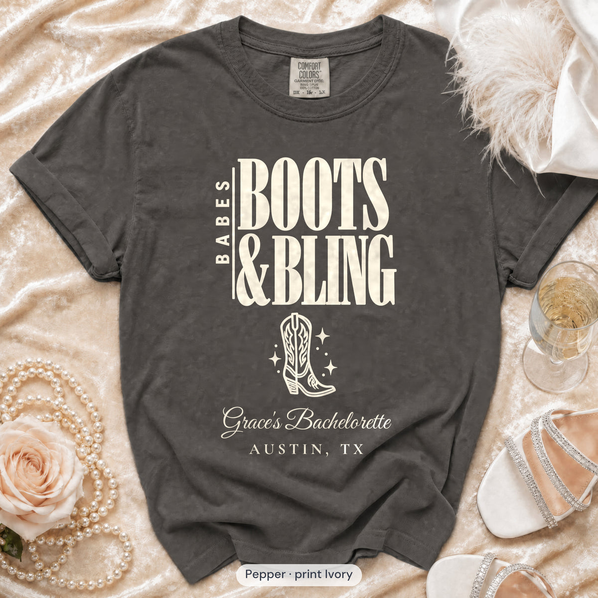Pepper Boots & Bling bachelorette crew t-shirt, print in ivory