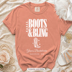 Terracotta Boots & Bling bachelorette crew t-shirt, print in white
