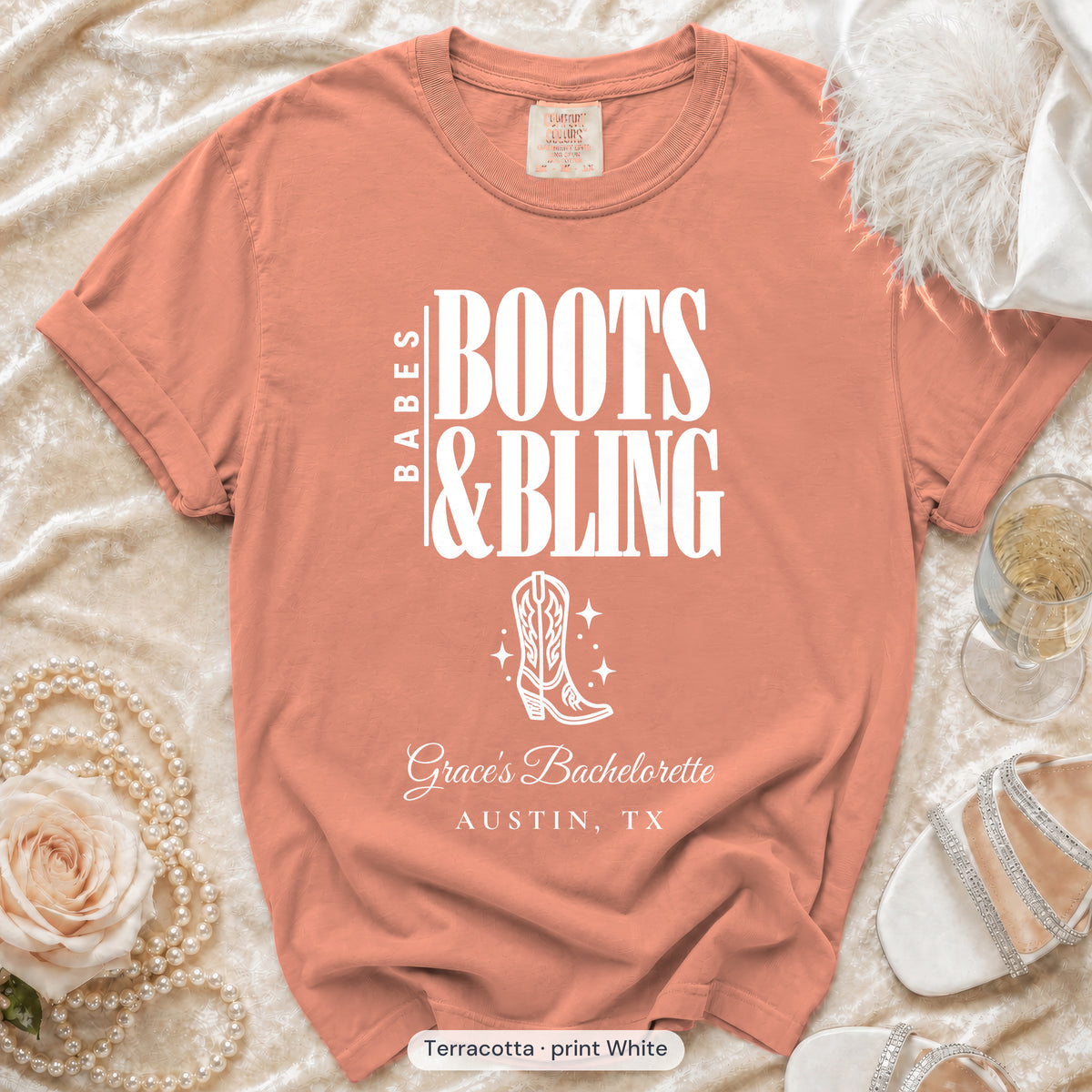 Terracotta Boots & Bling bachelorette crew t-shirt, print in white