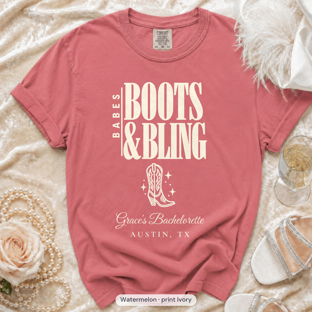 Watermelon Boots & Bling bachelorette crew t-shirt, print in ivory