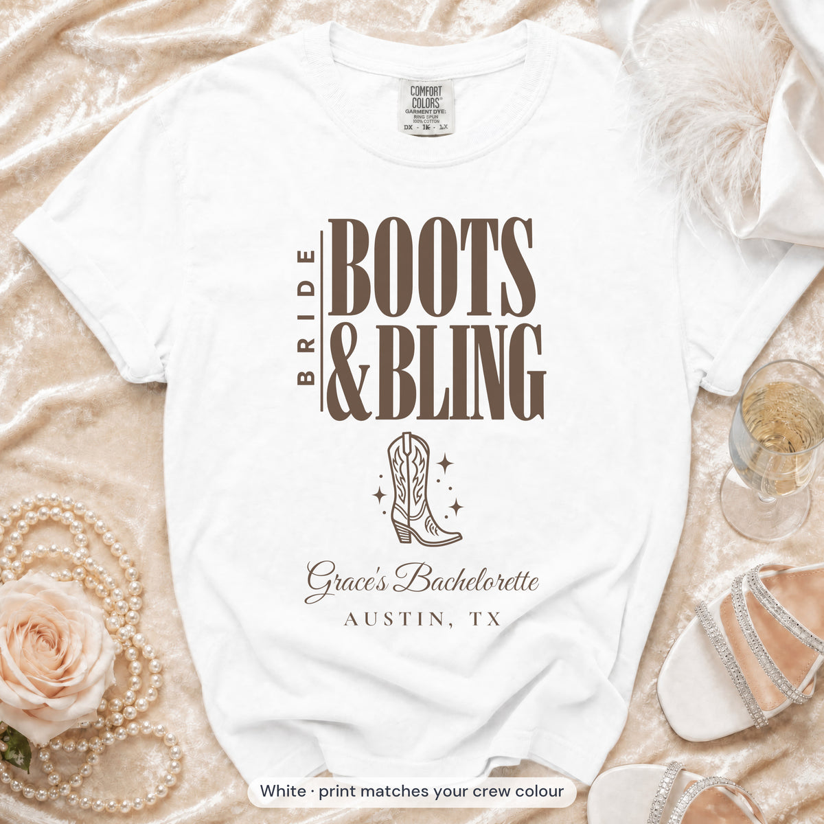 White Boots & Bling bride t-shirt, print matches your crew colour