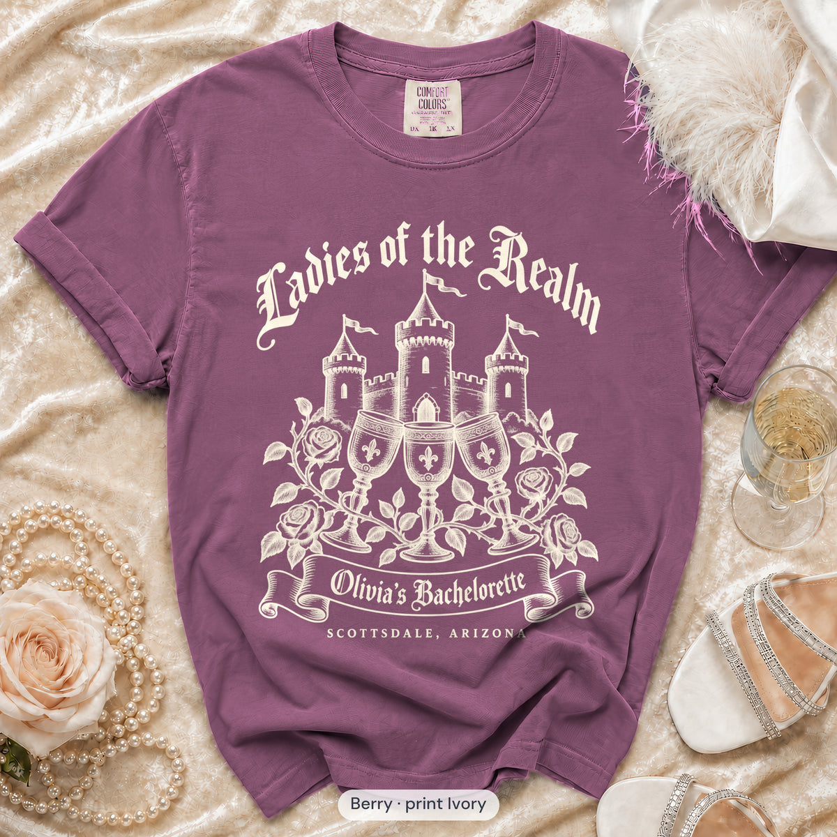 Berry Bride & Ladies Of The Realm bachelorette crew t-shirt, print in ivory