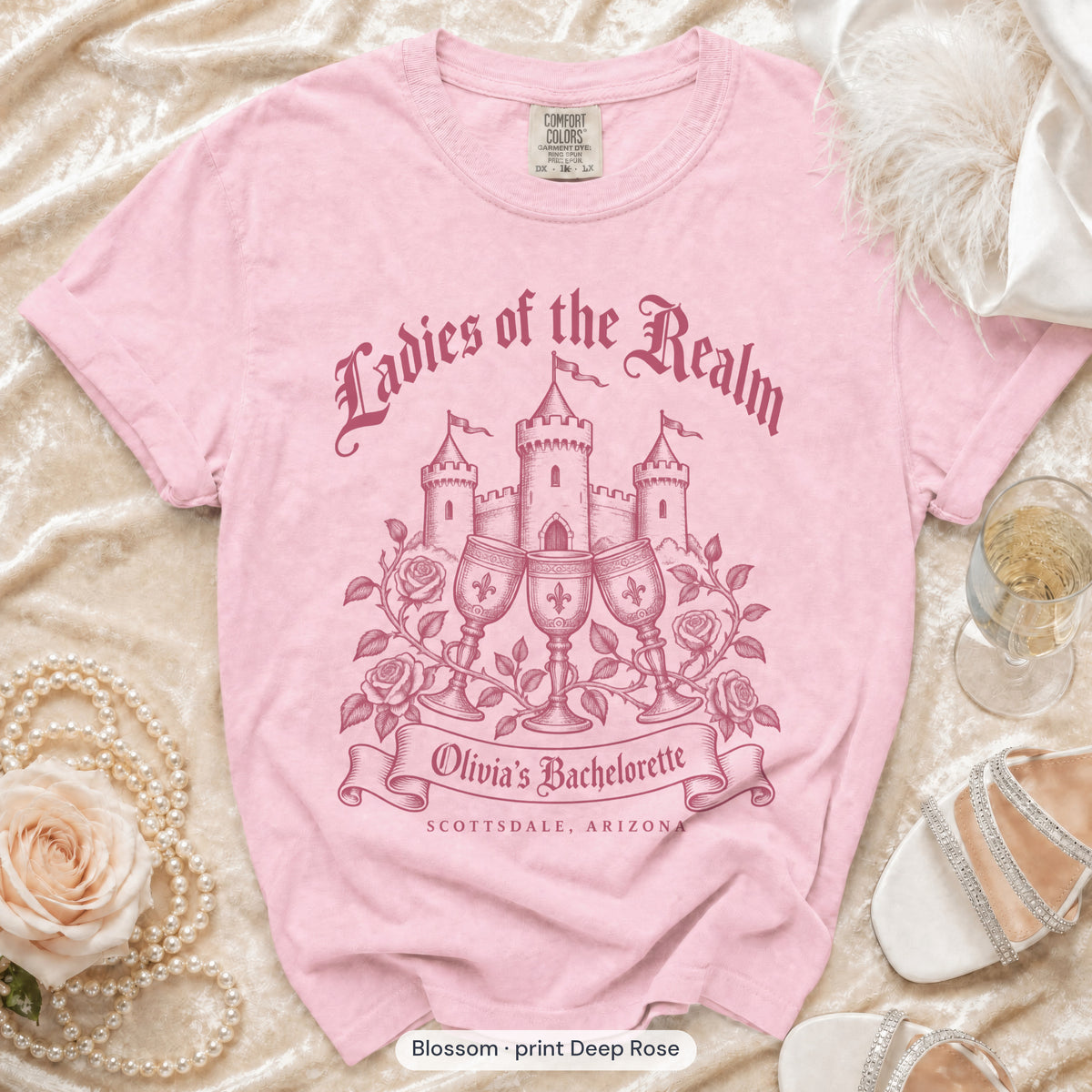 Blossom Bride & Ladies Of The Realm bachelorette crew t-shirt, print in deep rose