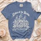 Blue Jean Bride & Ladies Of The Realm bachelorette crew t-shirt, print in ivory